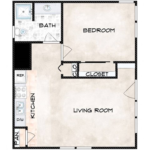 Floor plan for 1 bed, 1 bath, 600 sqft